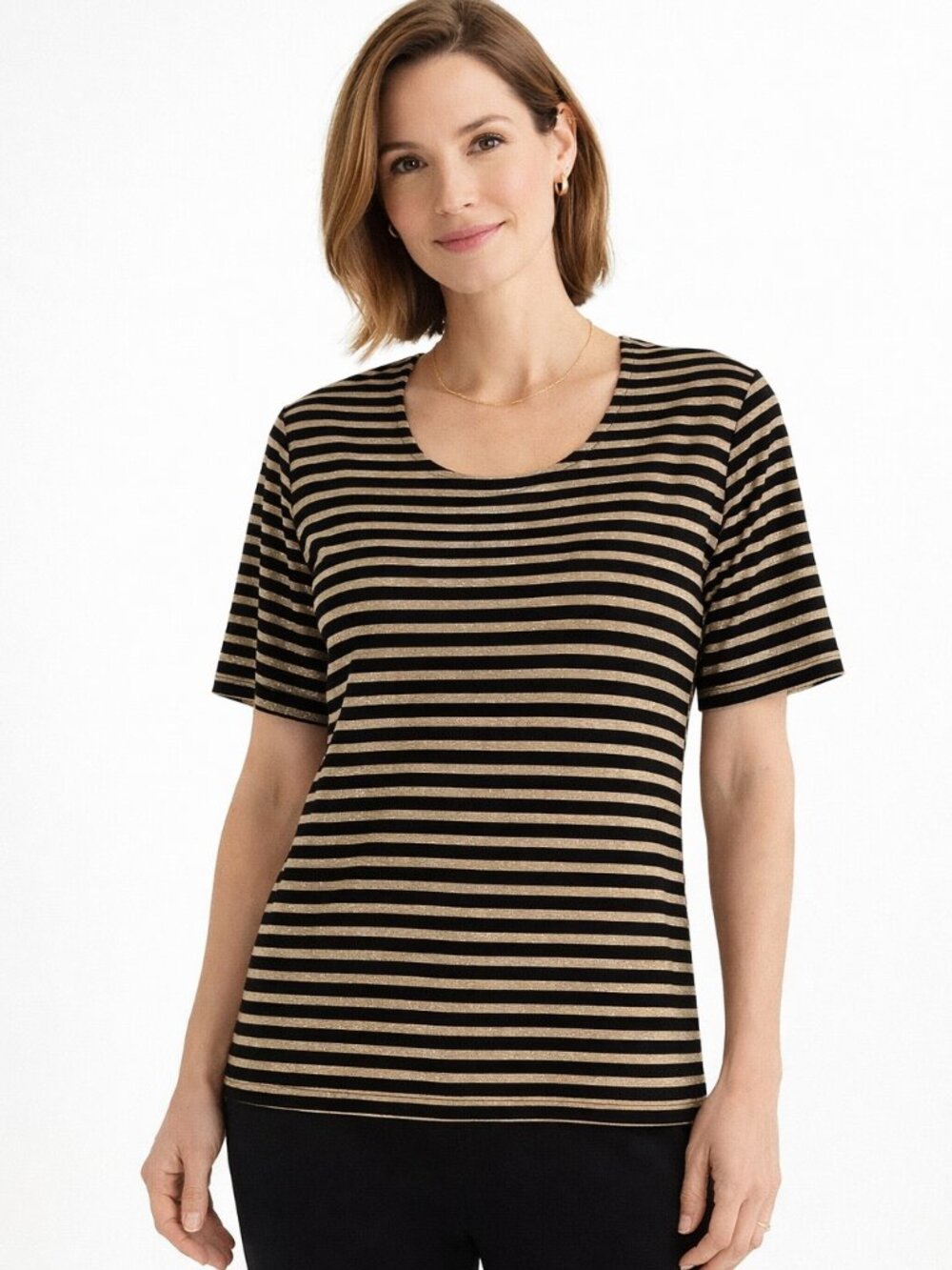 Chico’s Women’s Travelers Lurex U‑Neck Top Metallic Gold Black Stripe Size XS
